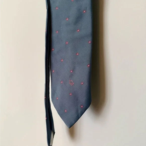 Dior Blue Silk-Blend Men's Tie with Pink Dot Motif Vintage Christian Dior - Picture 6 of 7
